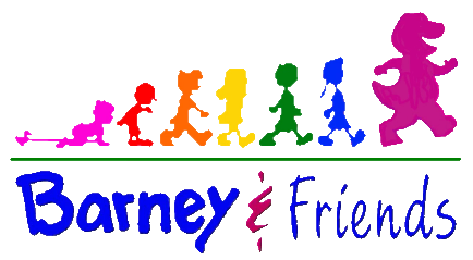 the logo for barney's friends is shown in multicolored silhouettes