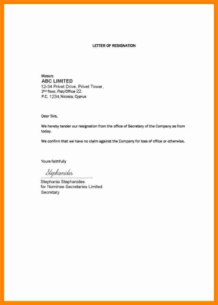 Short Sample Resignation Letter