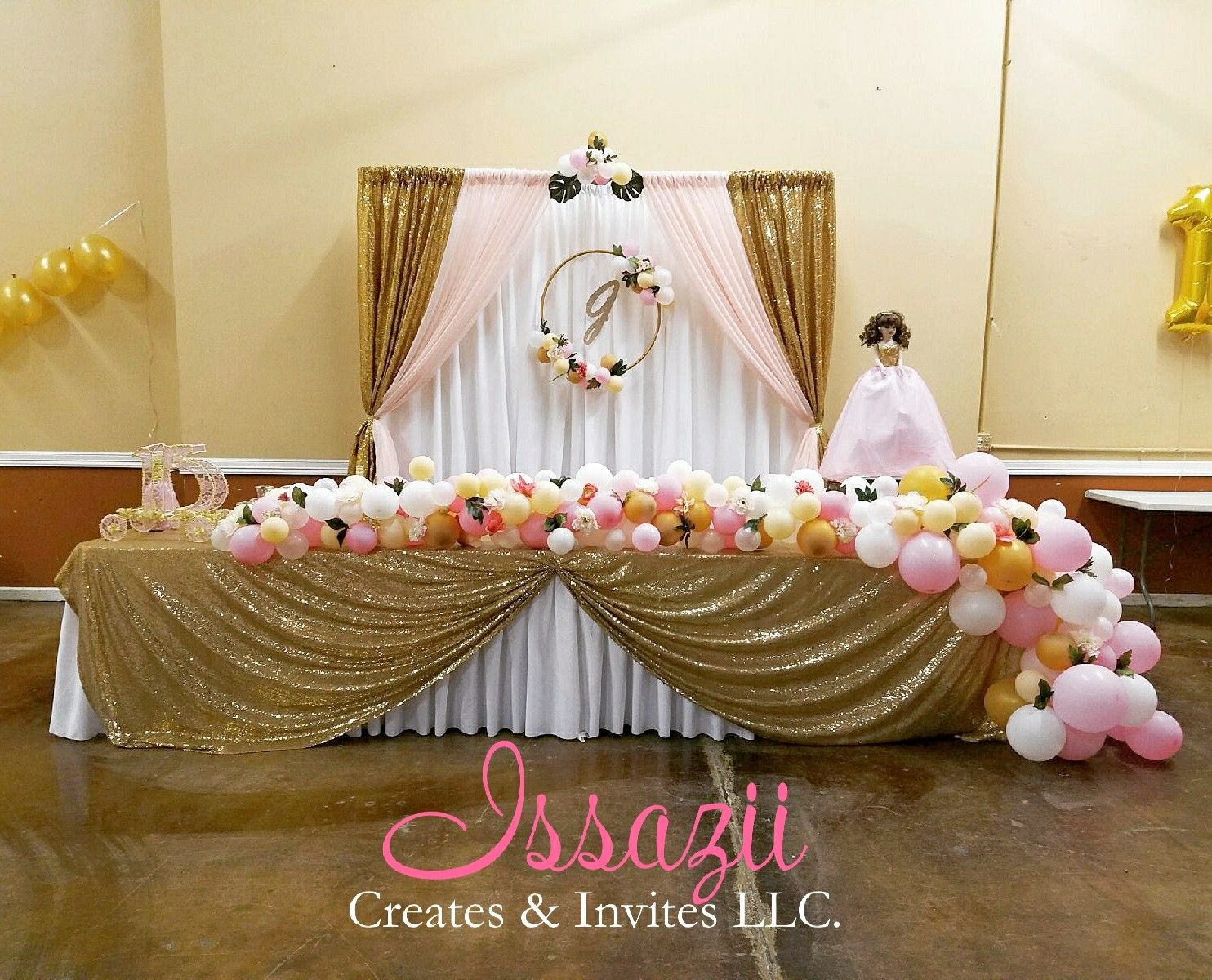 Quinceañera main table decoration with balloon garland. Blush Pink ...