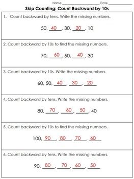 Skip Counting: Count backward by 10s (Missing Numbers) Practice Sheets ...