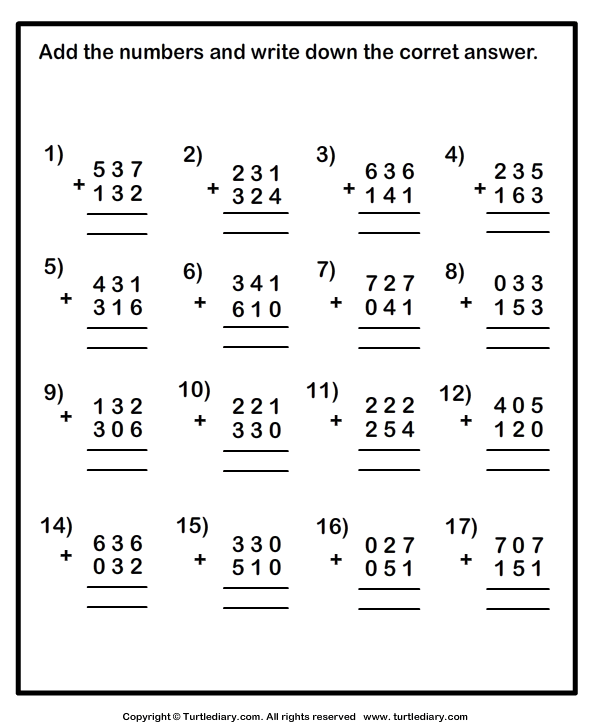 math worksheet : adding three digit numbers within one thousand ...