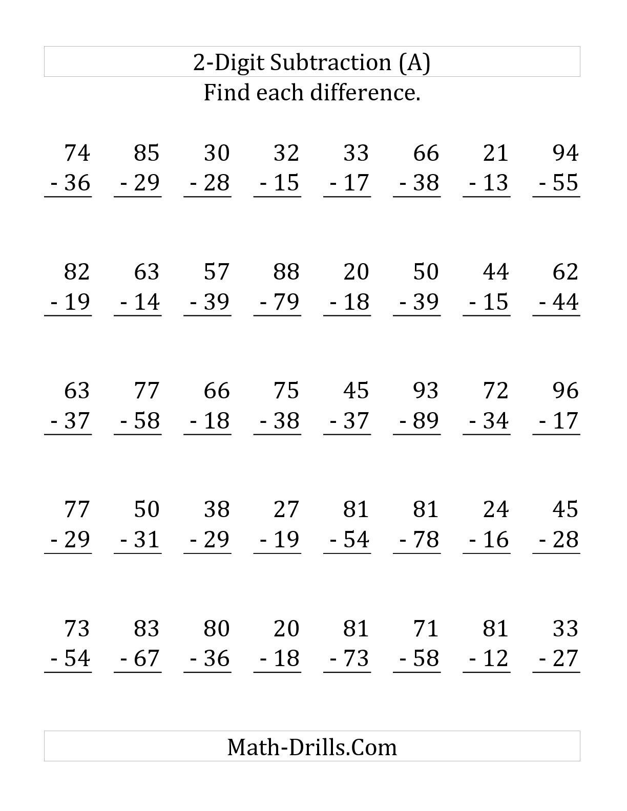 Subtracting 2 Digit Numbers Worksheet