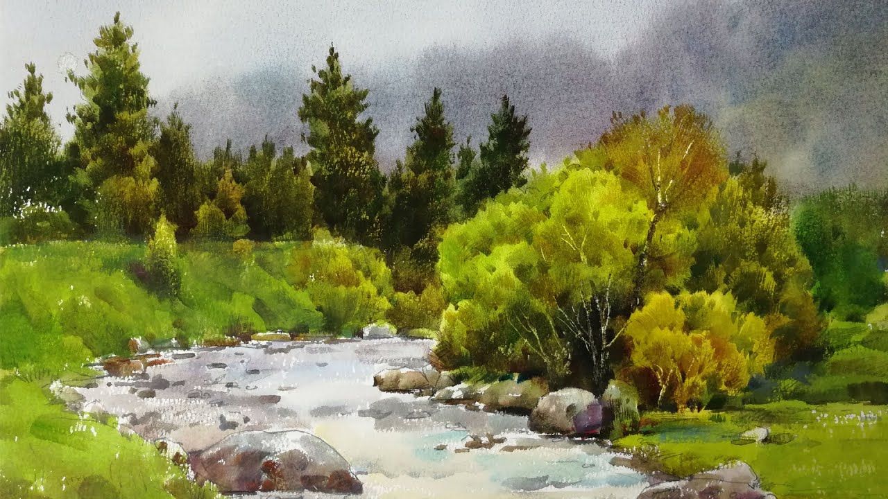 Watercolor landscape painting - Little Stream in the Forest | Aquarel ...