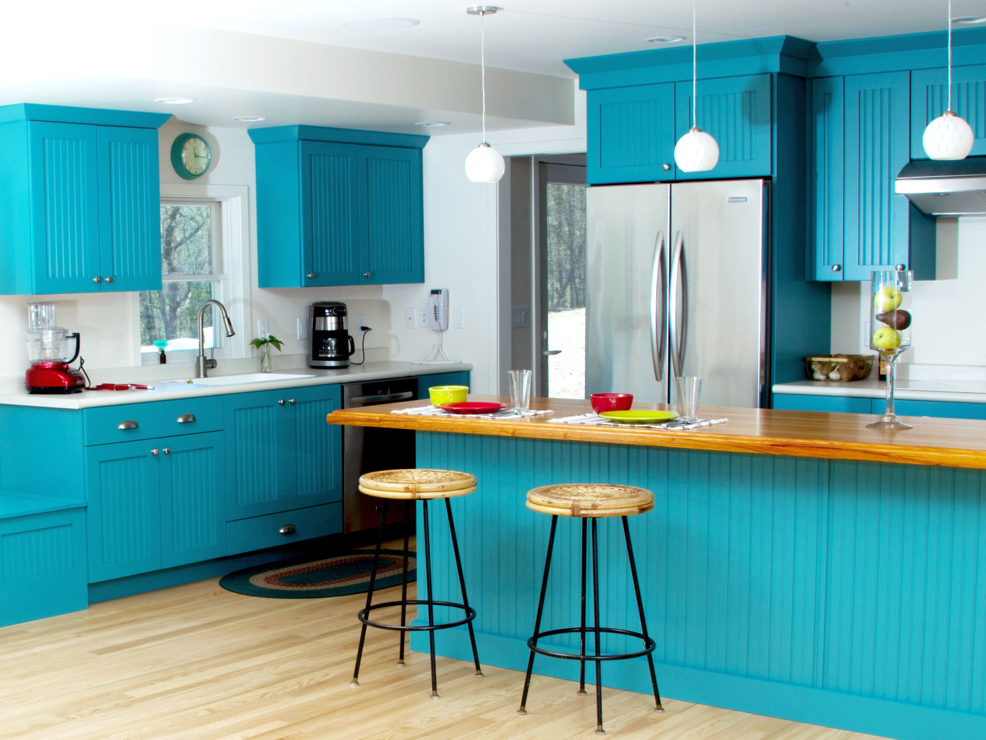 Teal Blue Contemporary Cottage Kitchen and Kitchen Island with Dura