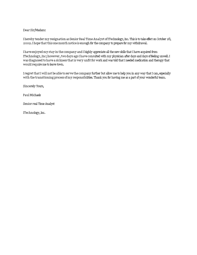 Sample Resignation Letter Due To Health Reasons