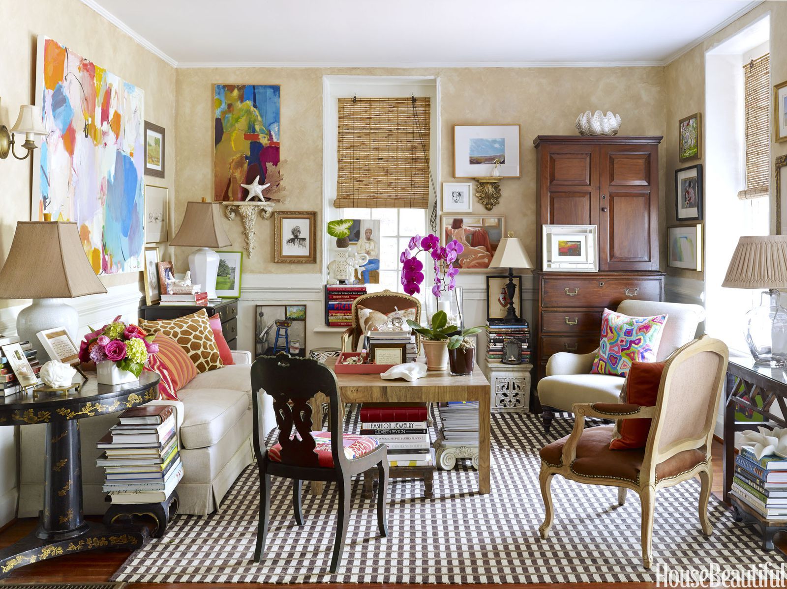 Living Room, bamboo shades, eclectic, den, sunroom, no drapes, no ...