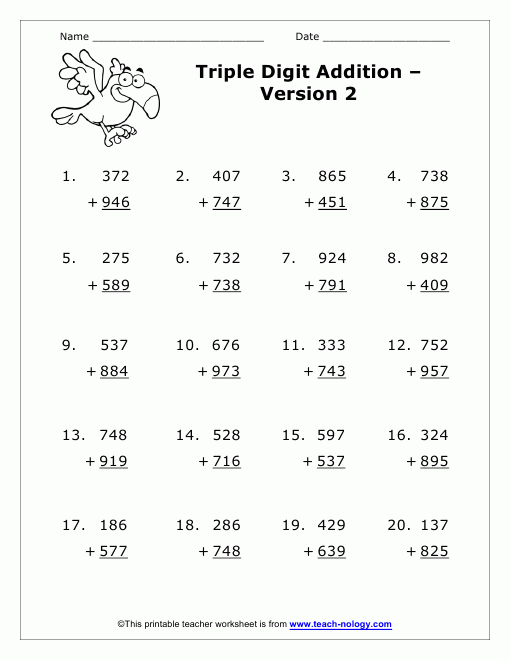 Adding With Carrying Worksheet