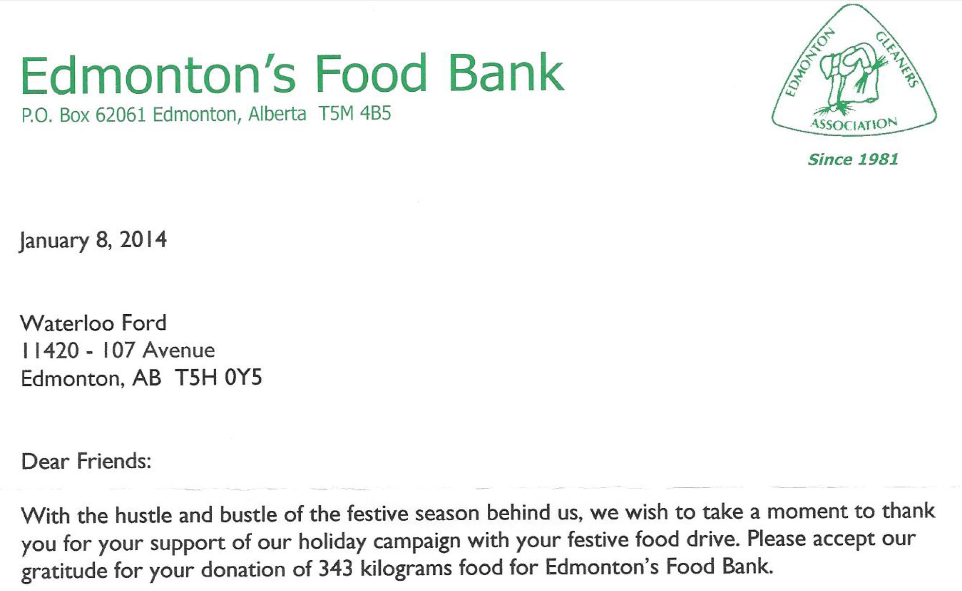 Letters of thanks from Edmonton's Food Bank for Waterloo Ford Lincoln's ...