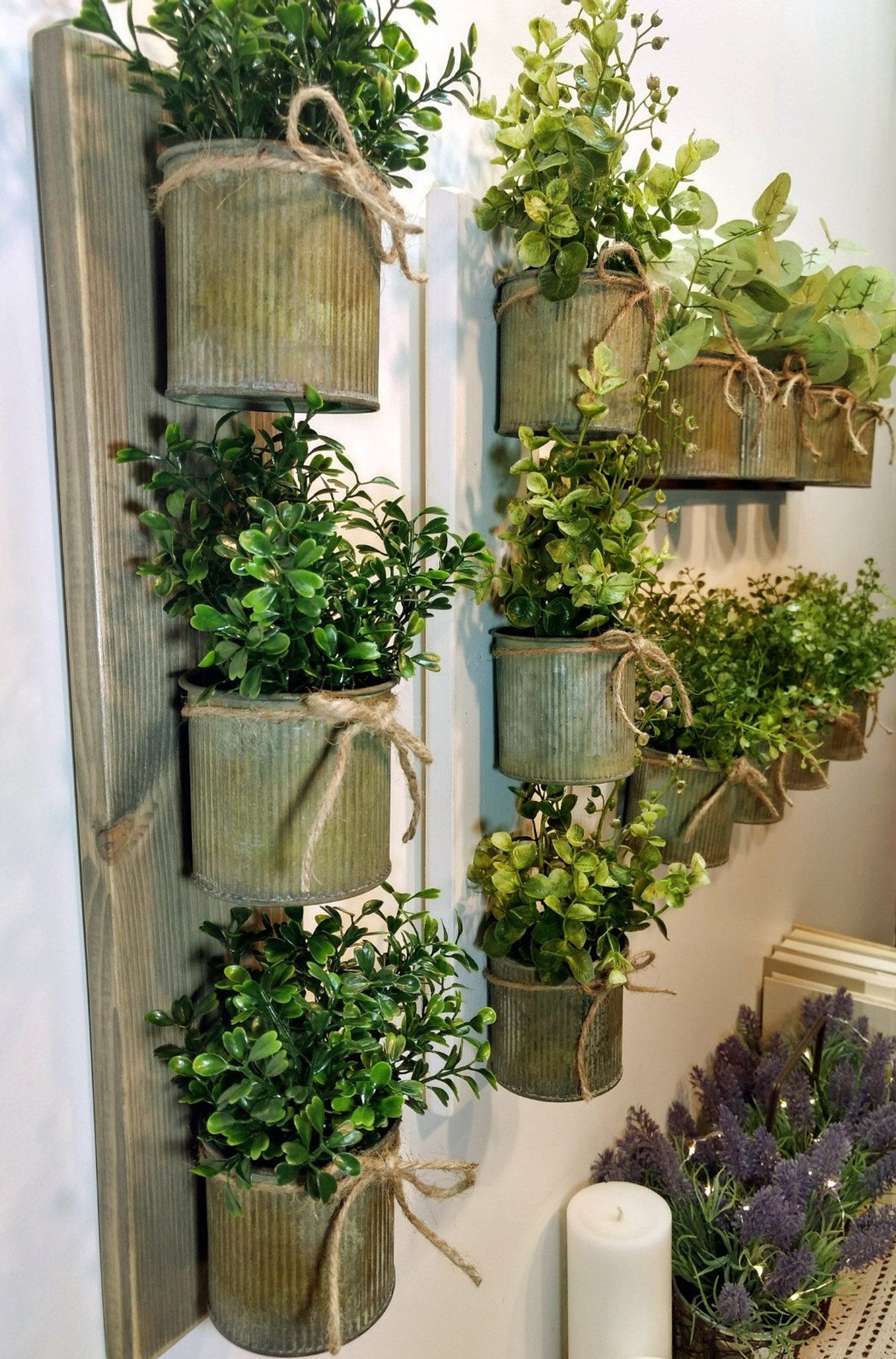 Rustic wall decor, Zinc green metal planters, Wall grouping, Rustic