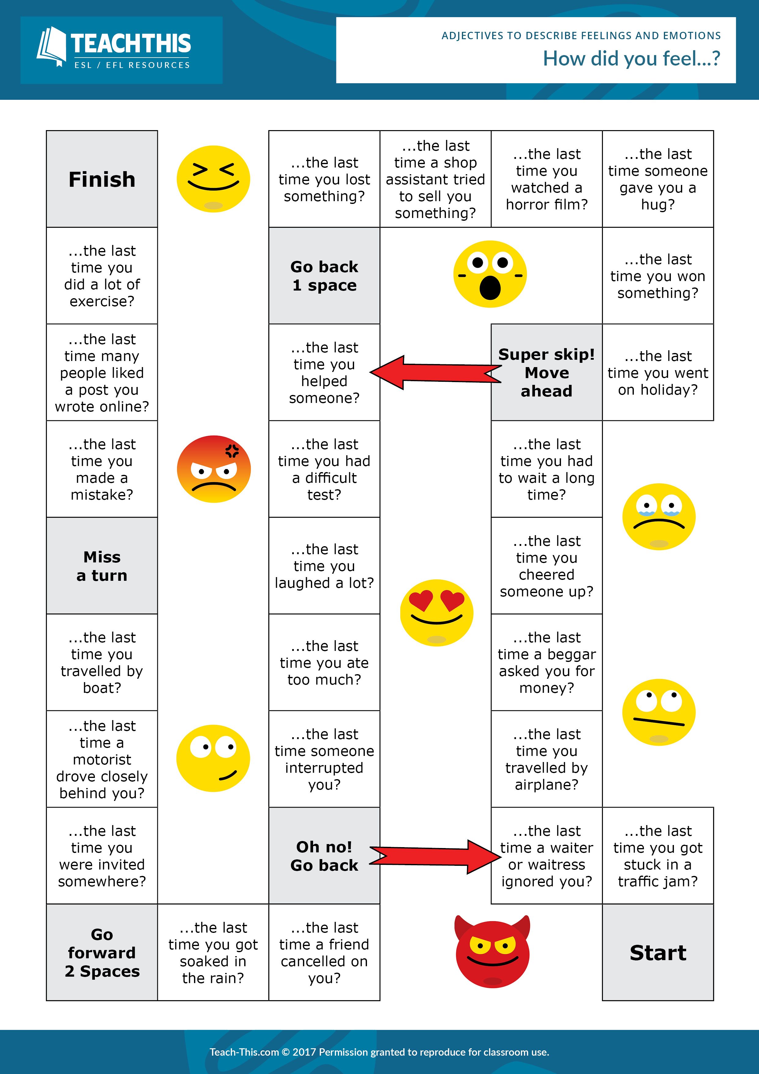 ESL Adjectives to Describe Feelings Board Game - Listening and Speaking ...