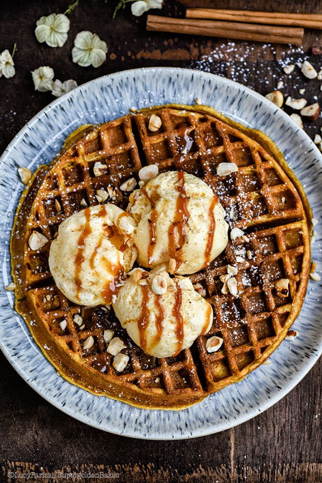 Pumpkin Spice Waffles with Vanilla Ice Cream and Caramel Sauce ...