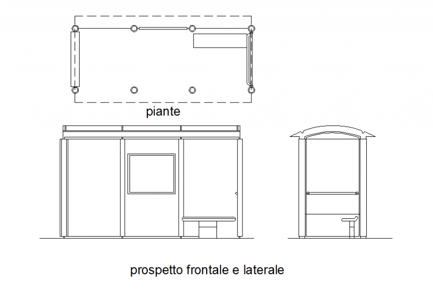 Bus stop shelter elevation, section and plan details dwg file Shed ...