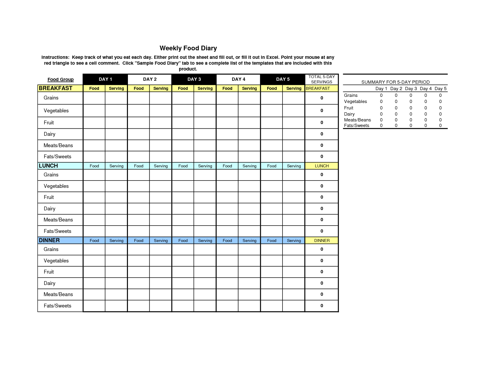 Food Diary Excel Template