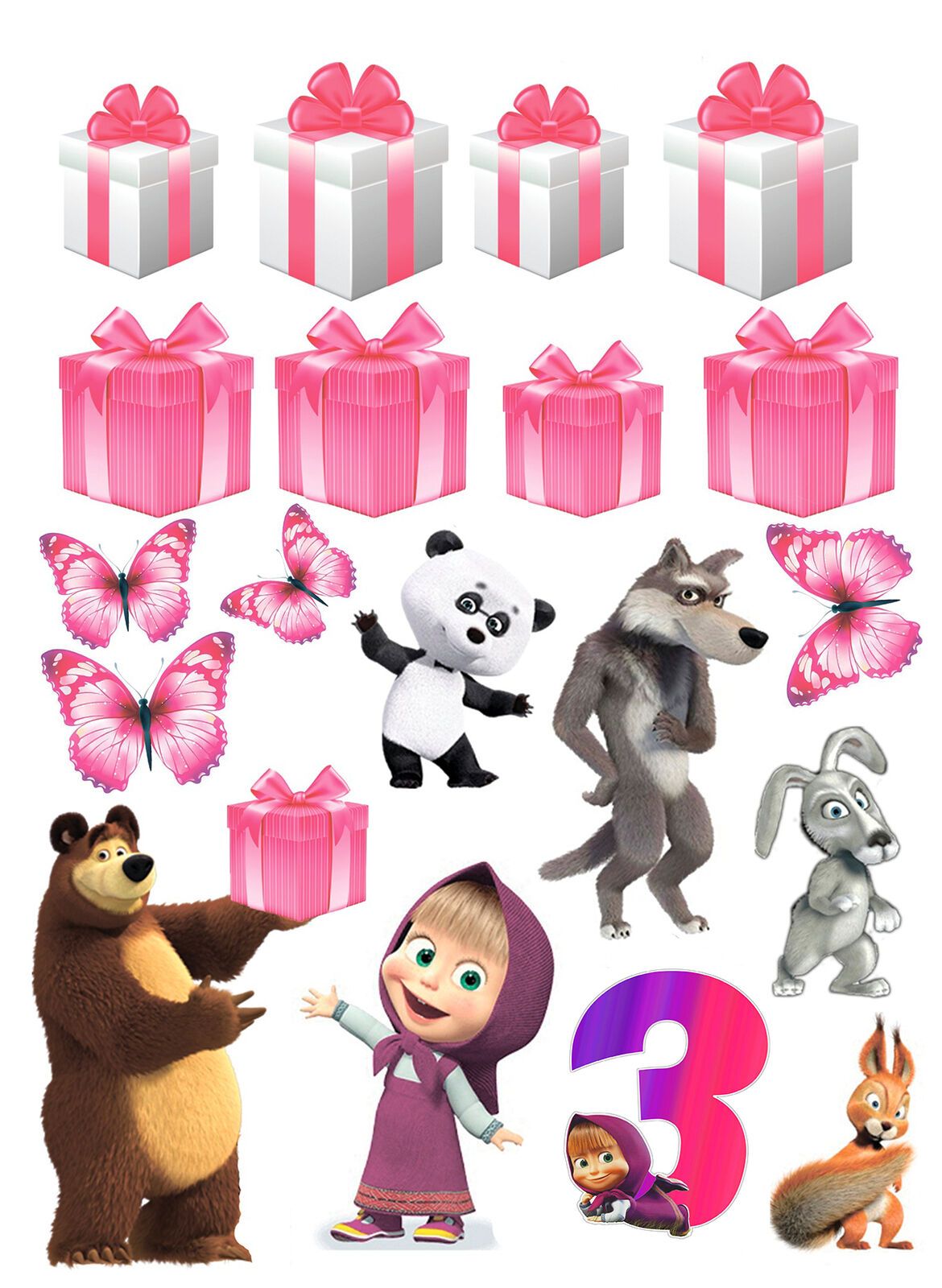 cartoon animals and numbers with pink bows