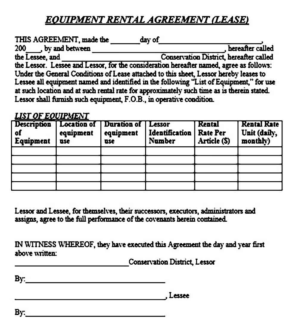 Equipment Rental Agreement Form Template