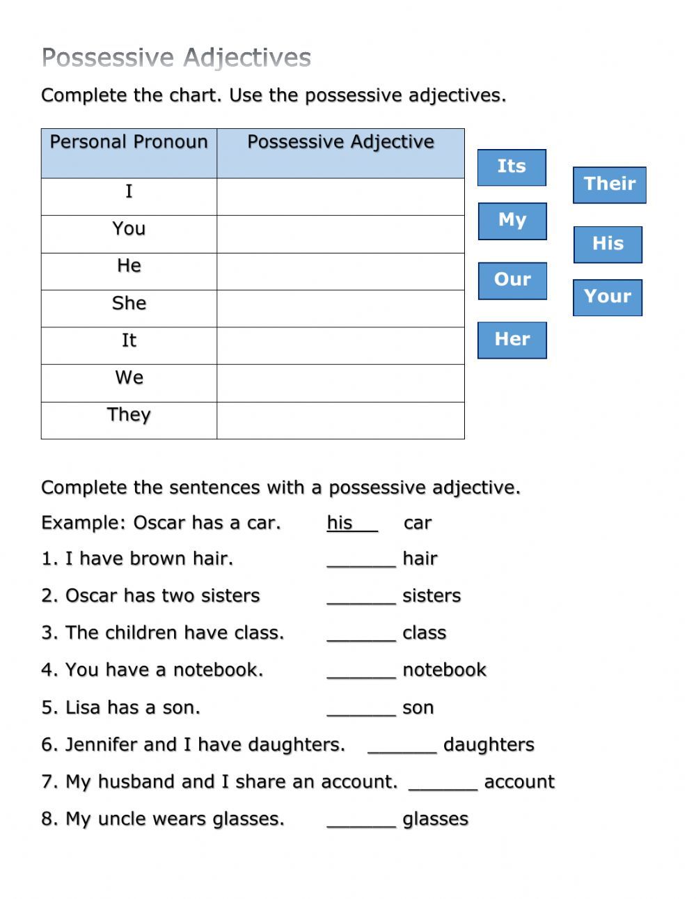 Esl Grammar, Worksheets, Possessive Adjectives, Personal Pronouns ...