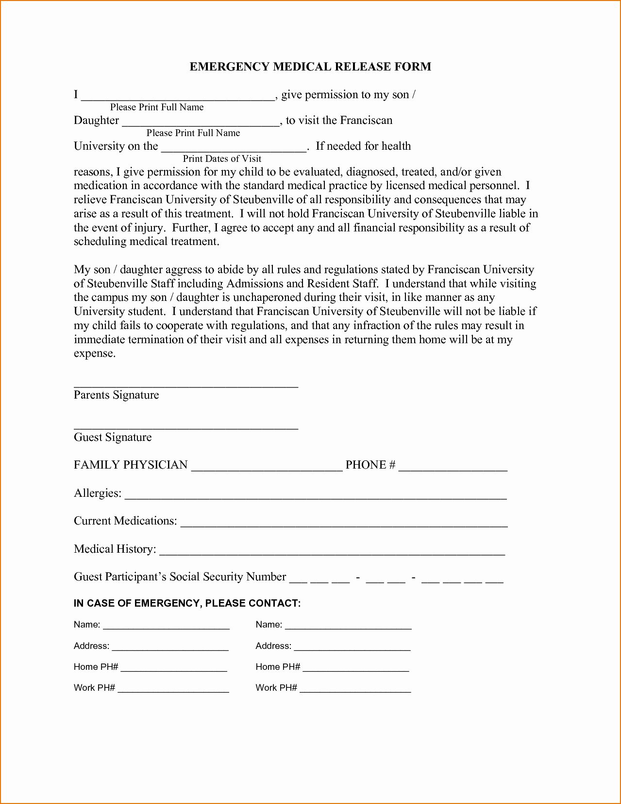 Emergency Medical form Template Elegant 3 Medical Release form Template ... image.