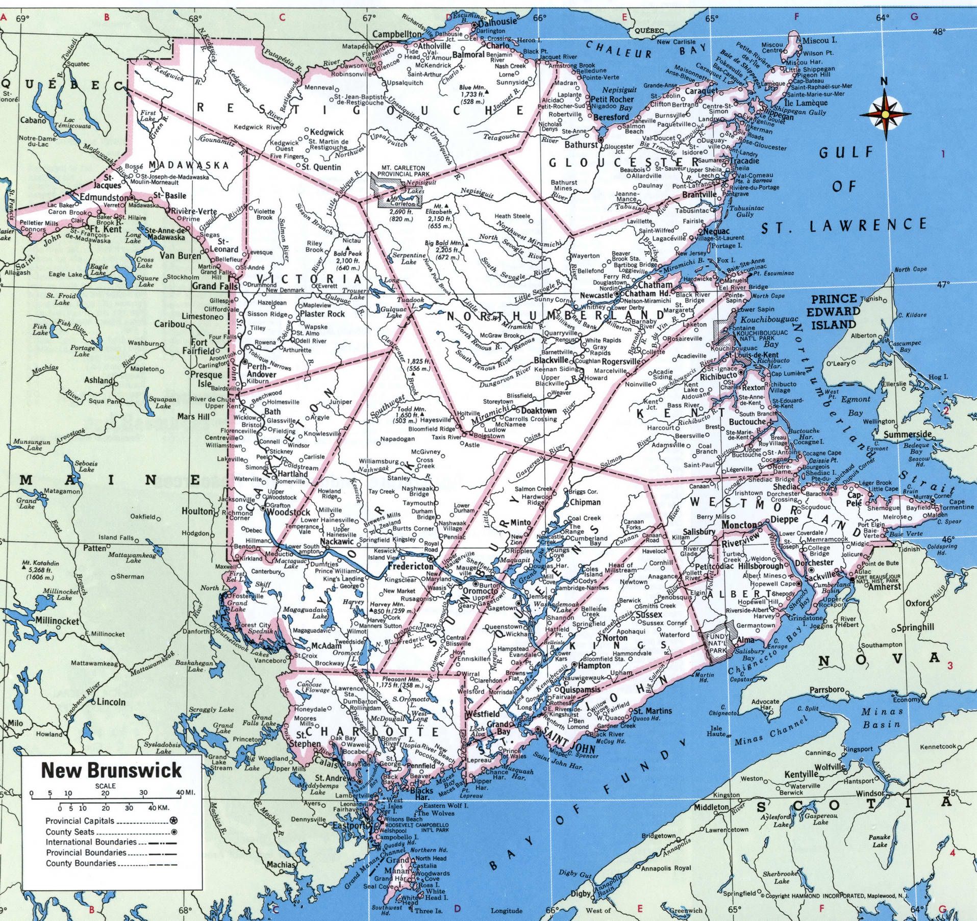 Map of New Brunswick with Counties and Cities