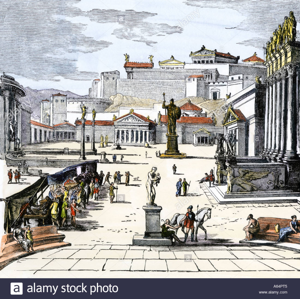 Market place of ancient Greek city-state of Sparta. Hand-colored ...