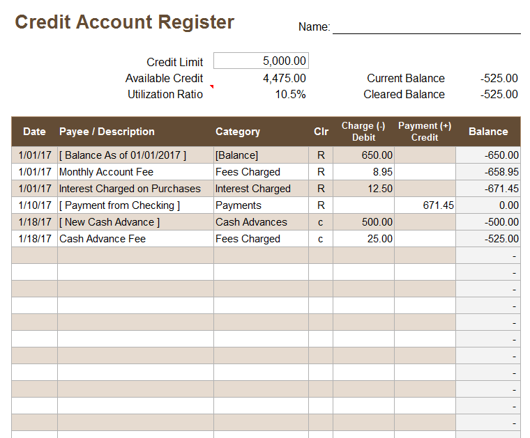 Printable Credit Card Log Template