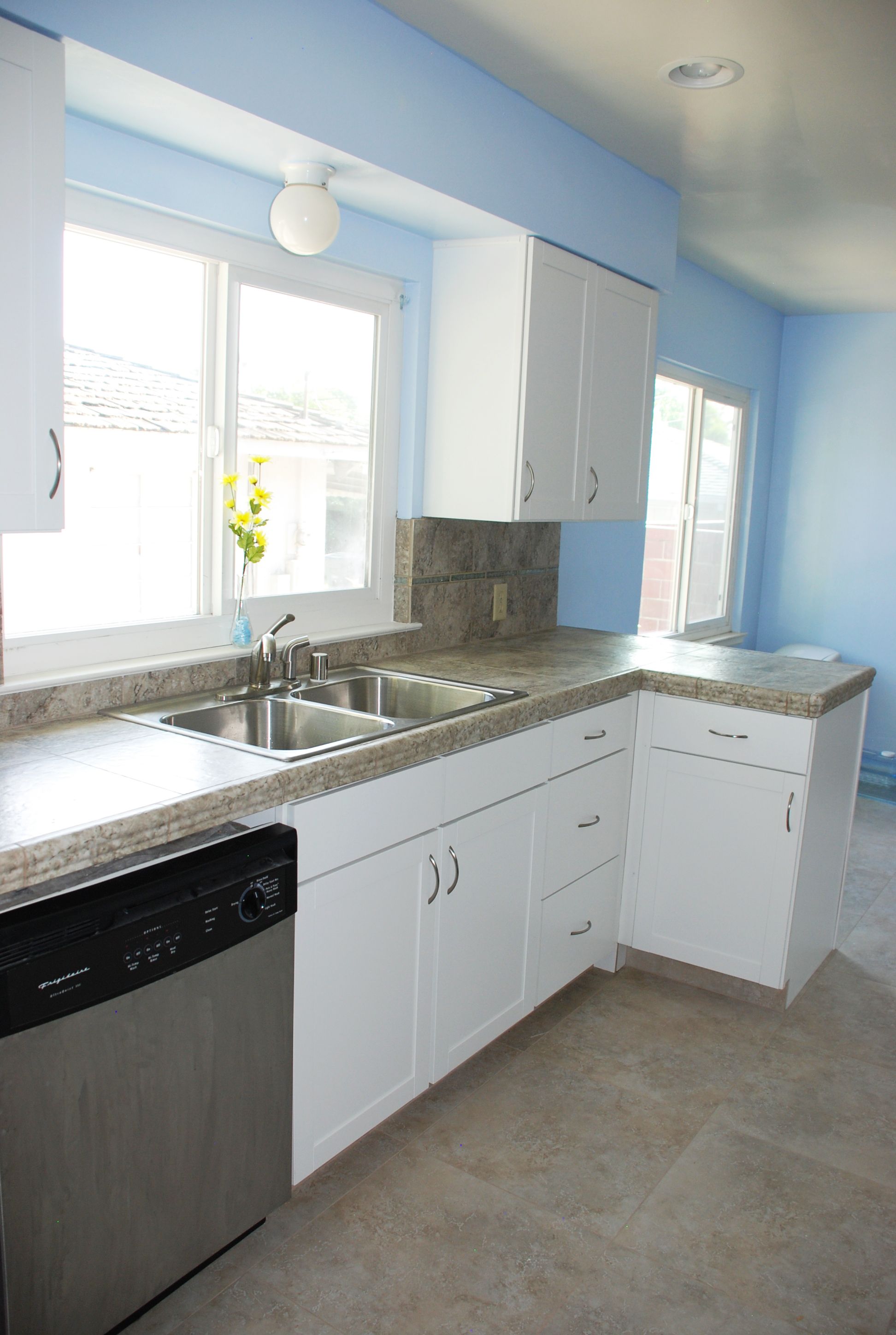 White with grey countertops. Kitchen dinning room, Grey