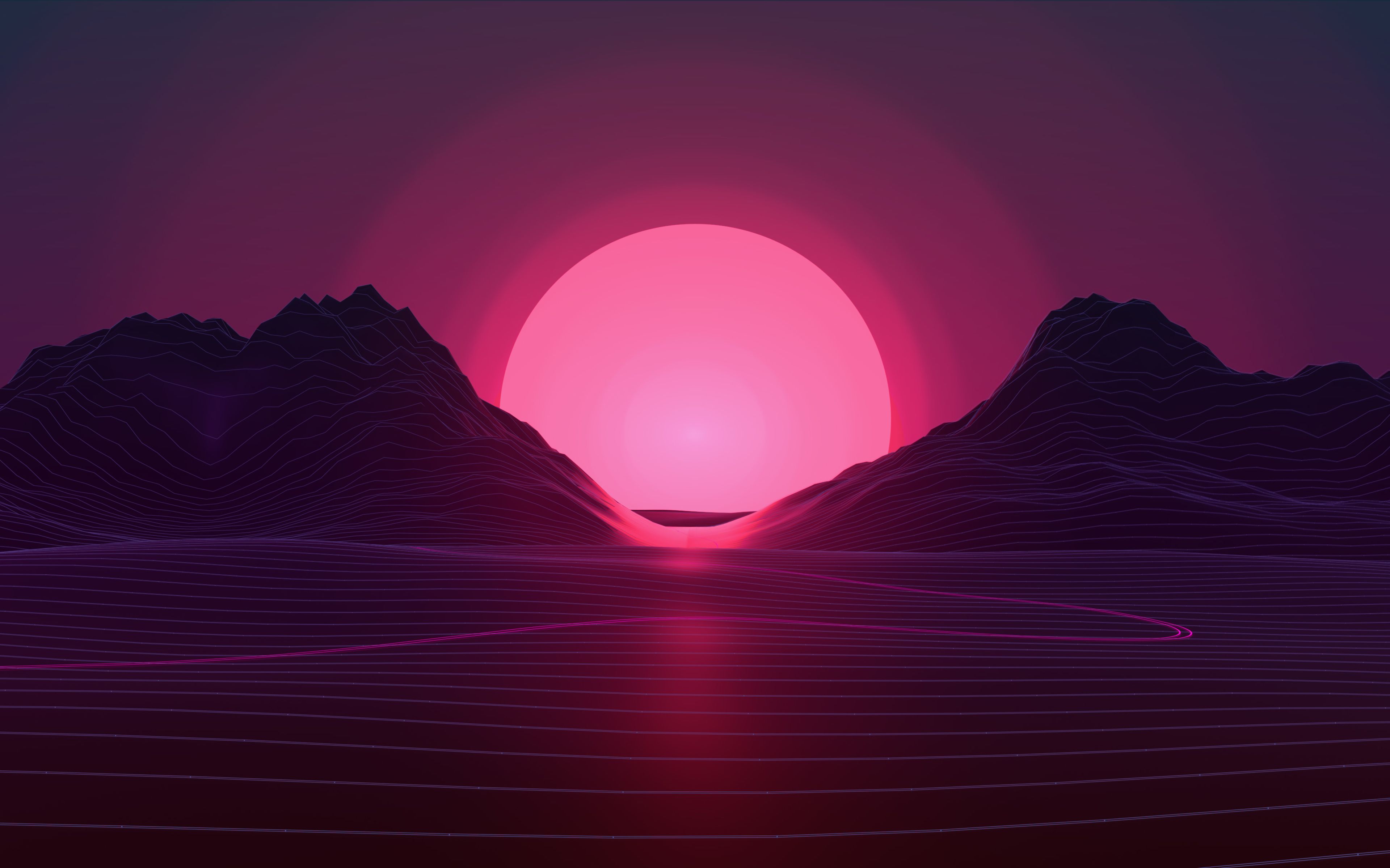 sunset, 4k, pink sun, abstract landscape, neon lights, art, creative ...