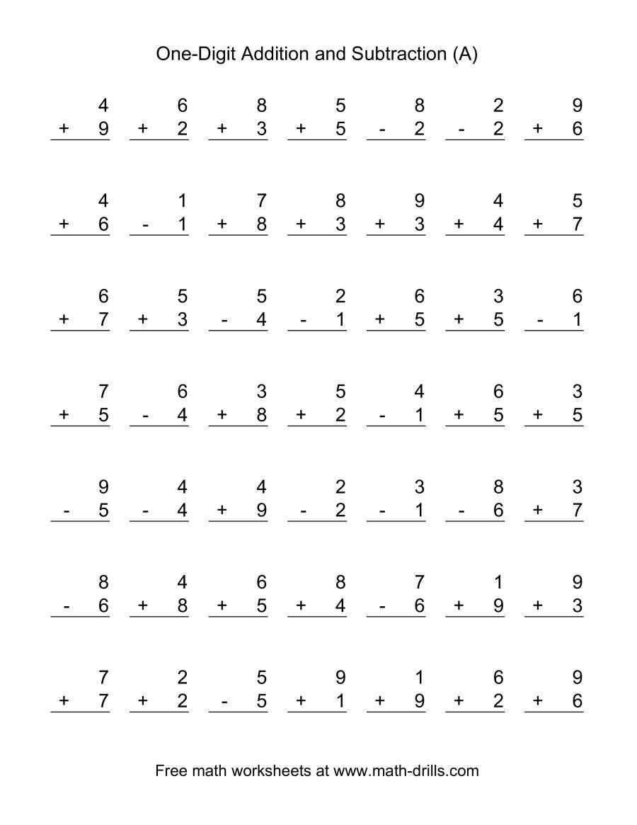 The Single-Digit (A) Math Worksheet from the Combined Addition and ...