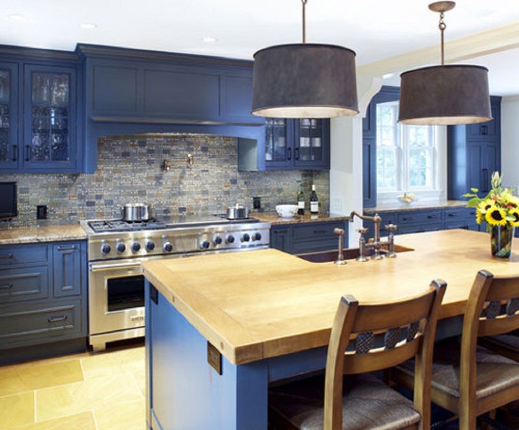 blue kitchen with wood countertops Google Search Blue