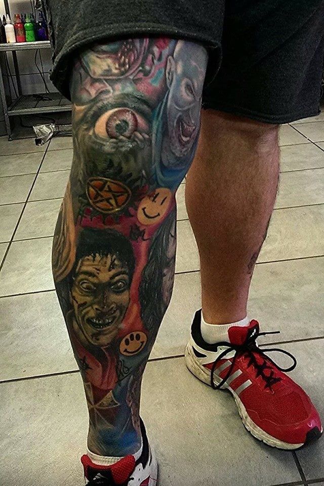 full leg horror movie sleeve done Kev denny I tattoo, Cowboy boots, Boots