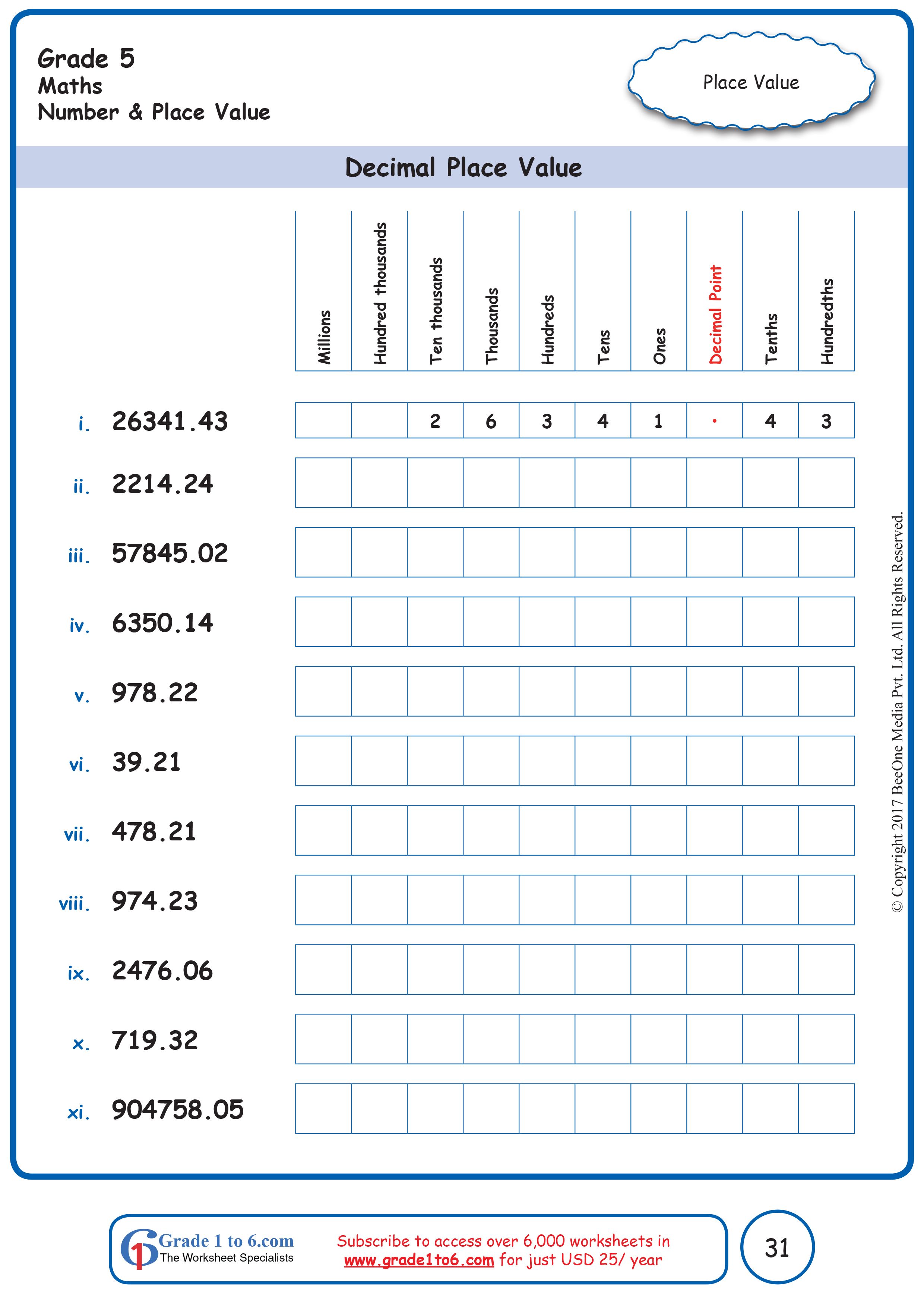 Place Value Worksheets Decimals