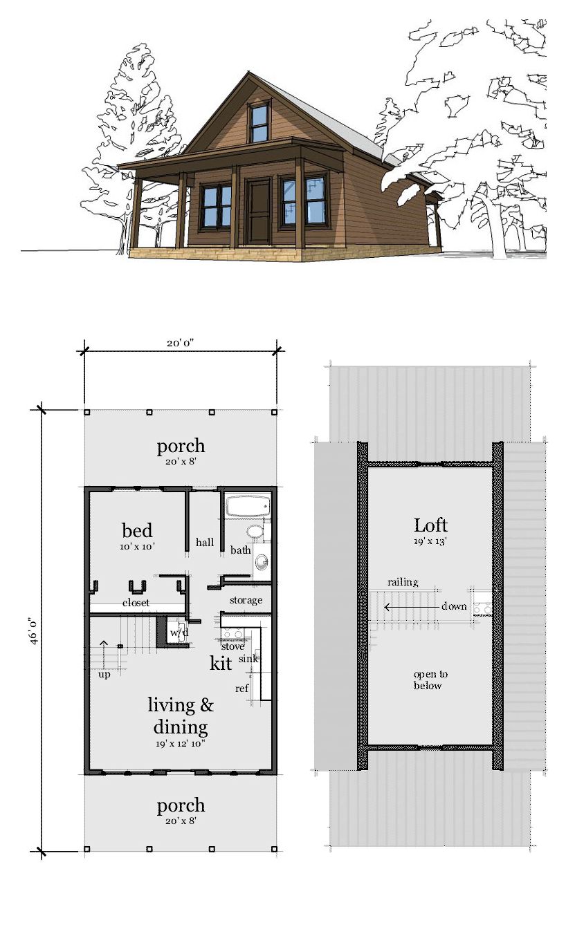 the floor plan for a small cabin with loft and living area, including ...