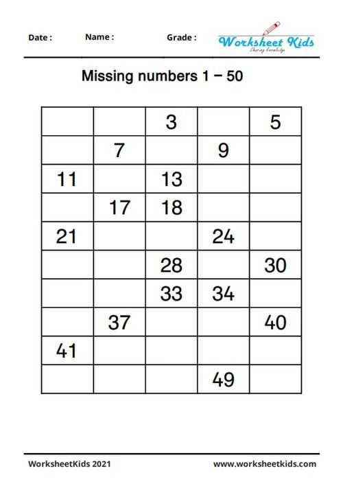 fill in the missing numbers 1 to 50 worksheets for kindergarten ...