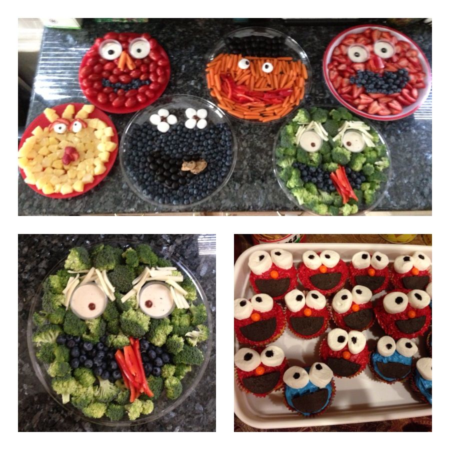 Seseme Street birthday veggie and fruit trays with Elmo and Cookie ...