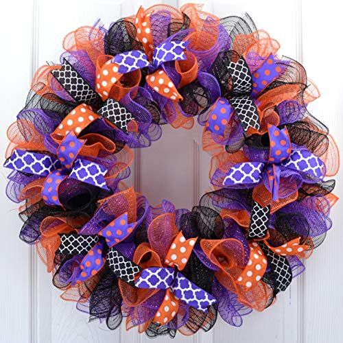 Halloween Wreath | Purple Orange Black Deco Mesh Outdoor Front Door ...