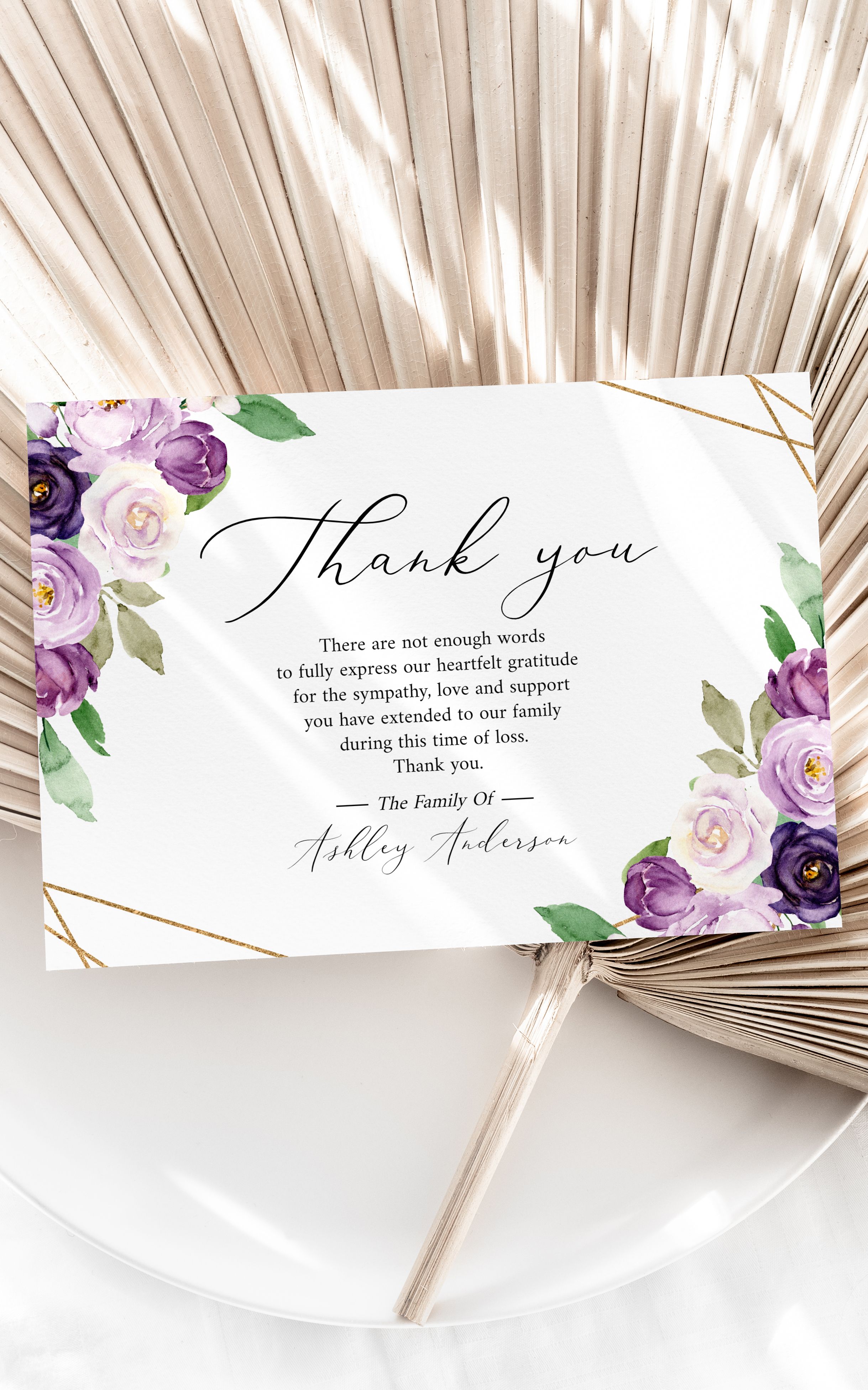 Celebration of life Purple Floral Funeral Thank You Card | Thank you ...