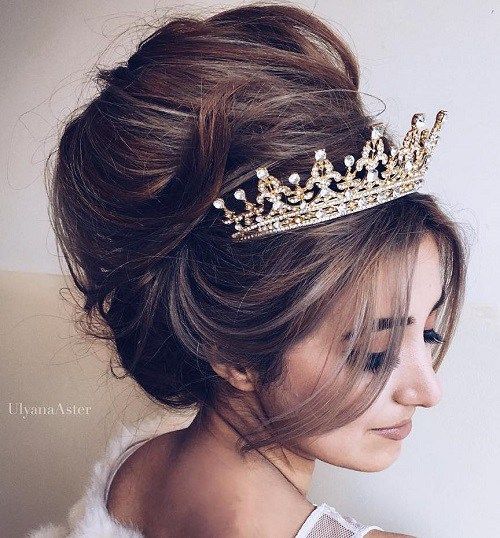 Messy Beehive Wedding Updo With Tiara Wedding Hairstyles For Long