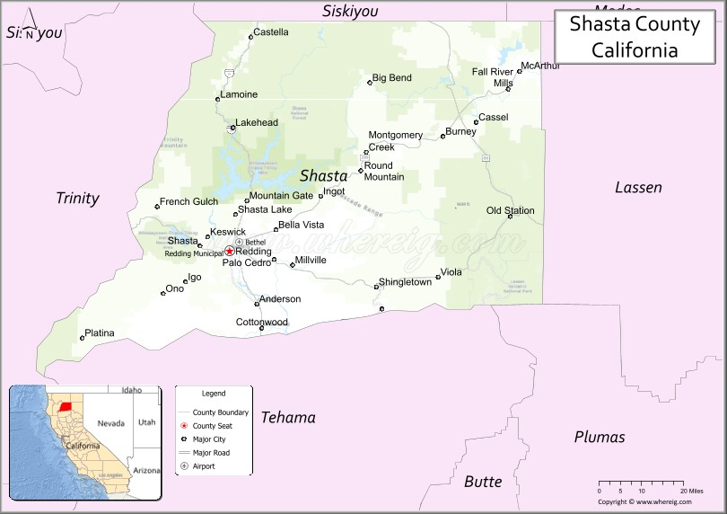 Map of Shasta County, California showing cities, highways & important ...