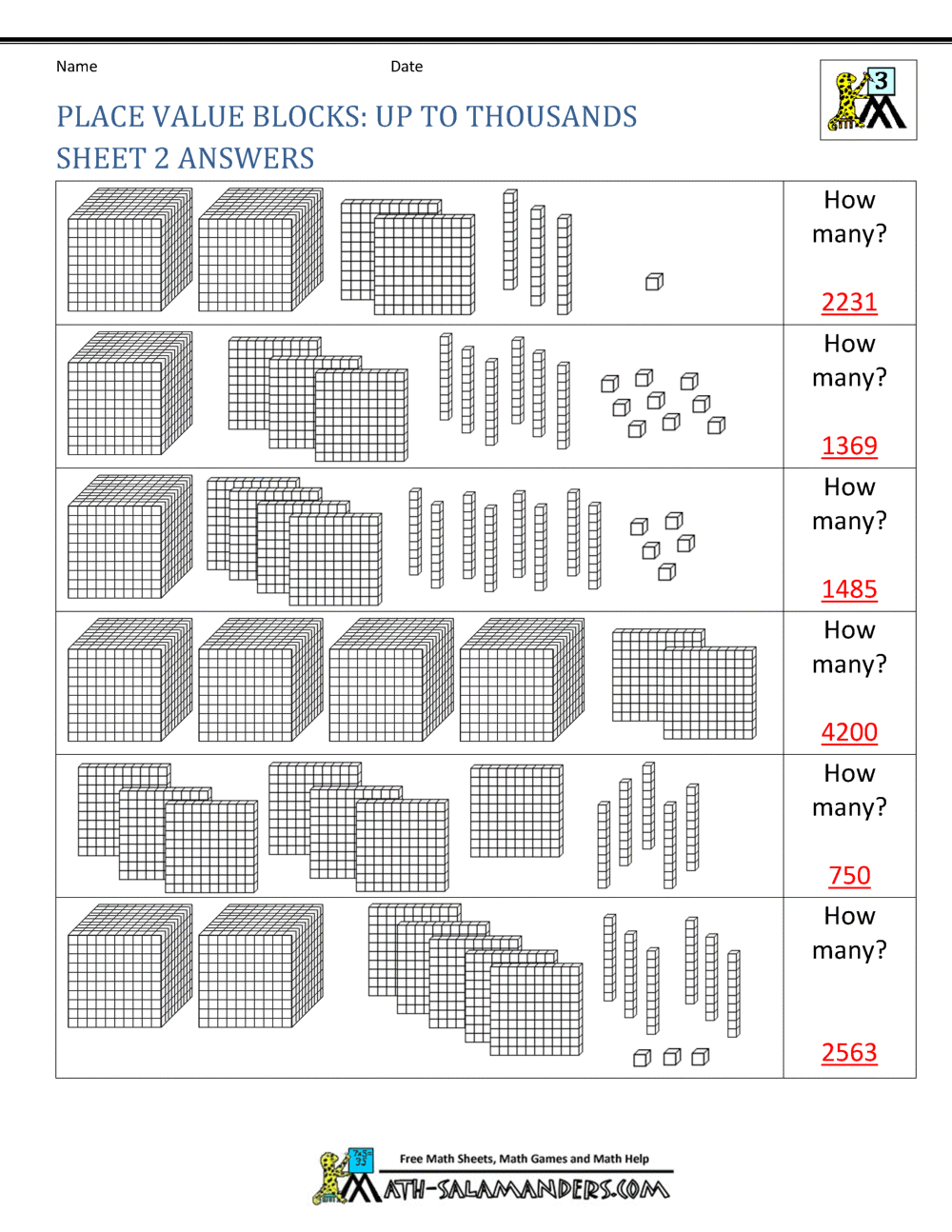 the worksheet for place value blocks to thousands sheet 2