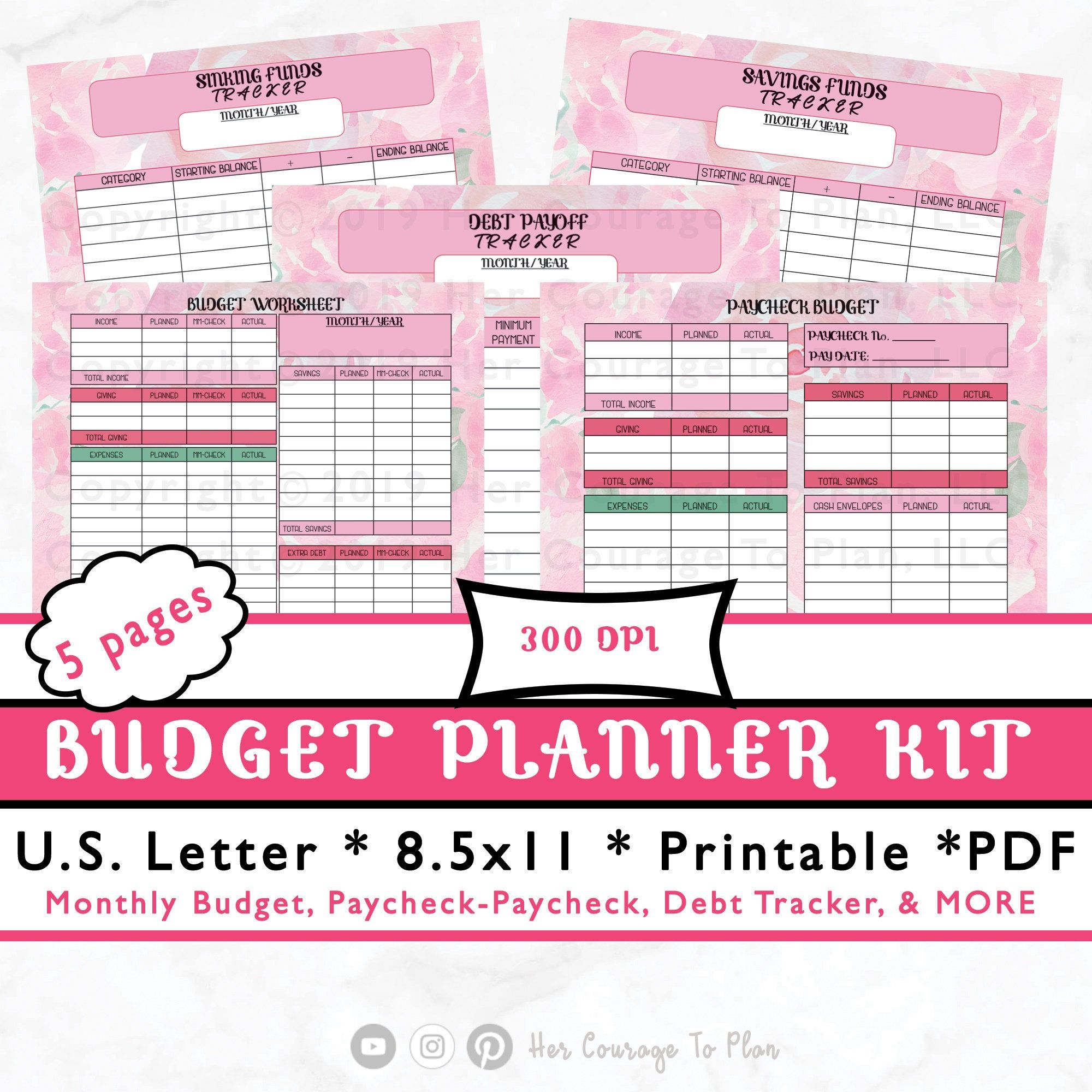 Printable Budget Planner Kit + STICKERS, Financial, Floral, 5 Pages