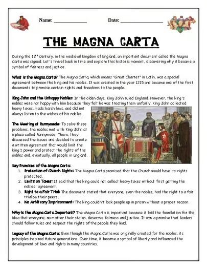 History Worksheet: The Magna Carta: Reading Comprehension | Questions ...