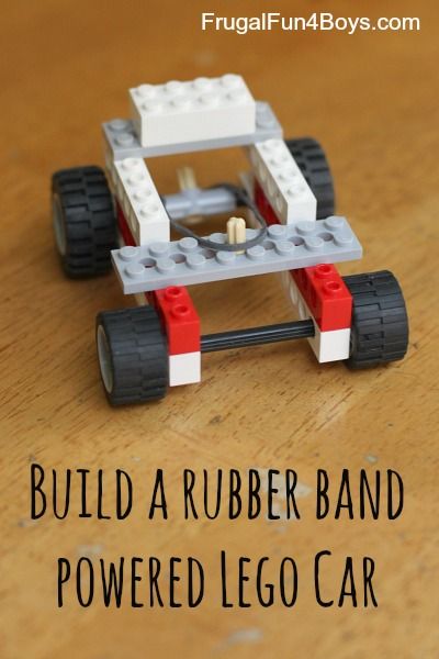 A rubber band powered Lego car - fun! The post shows two different ways ...