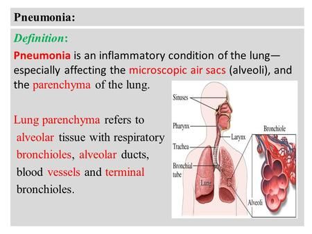 Pneumonia: Definition: Pneumonia is an inflammatory condition of the ...