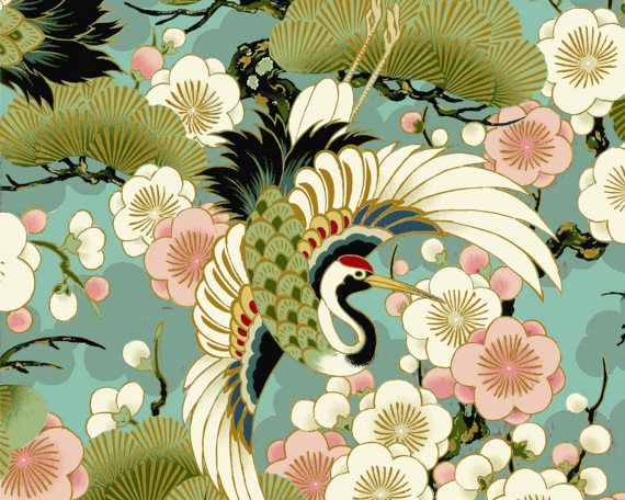 Celebration - Tsuru Crane Bird Teal with Metallic Accents from Quilt ...