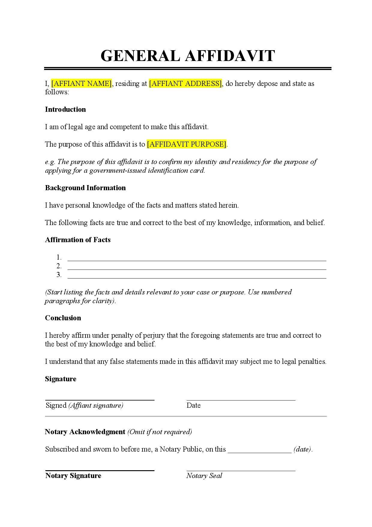 General Affidavit Template - Free Download - Easy Legal Docs in 2024 ...