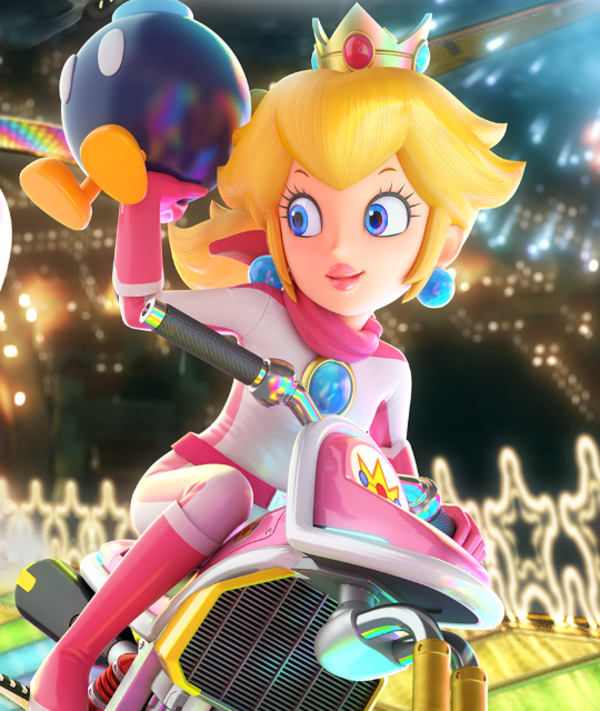 A close up of Peach on Mario Kart 8 Deluxe's box art | Mario Kart ...