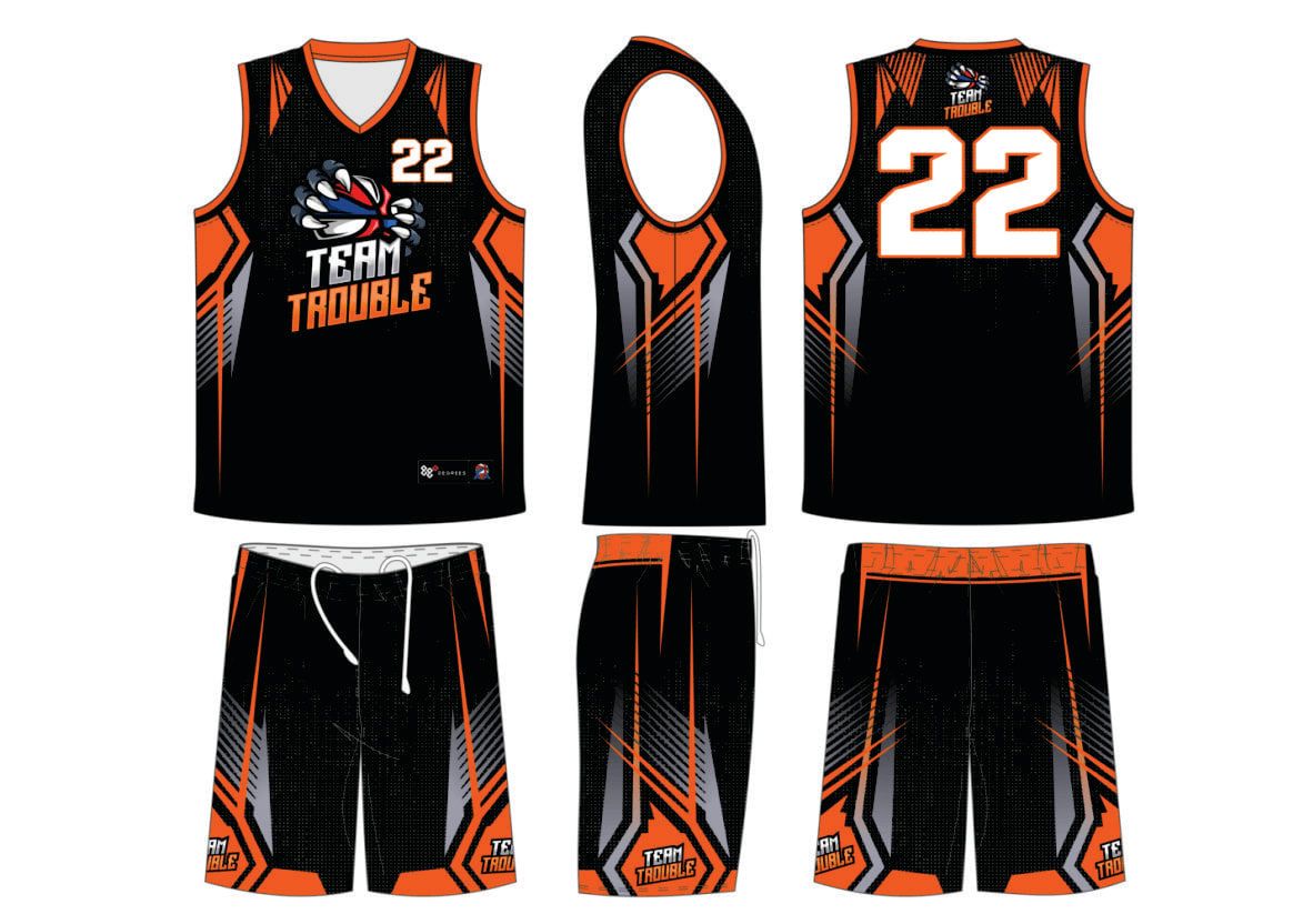 an orange and black basketball uniform with numbers on the front, two ...