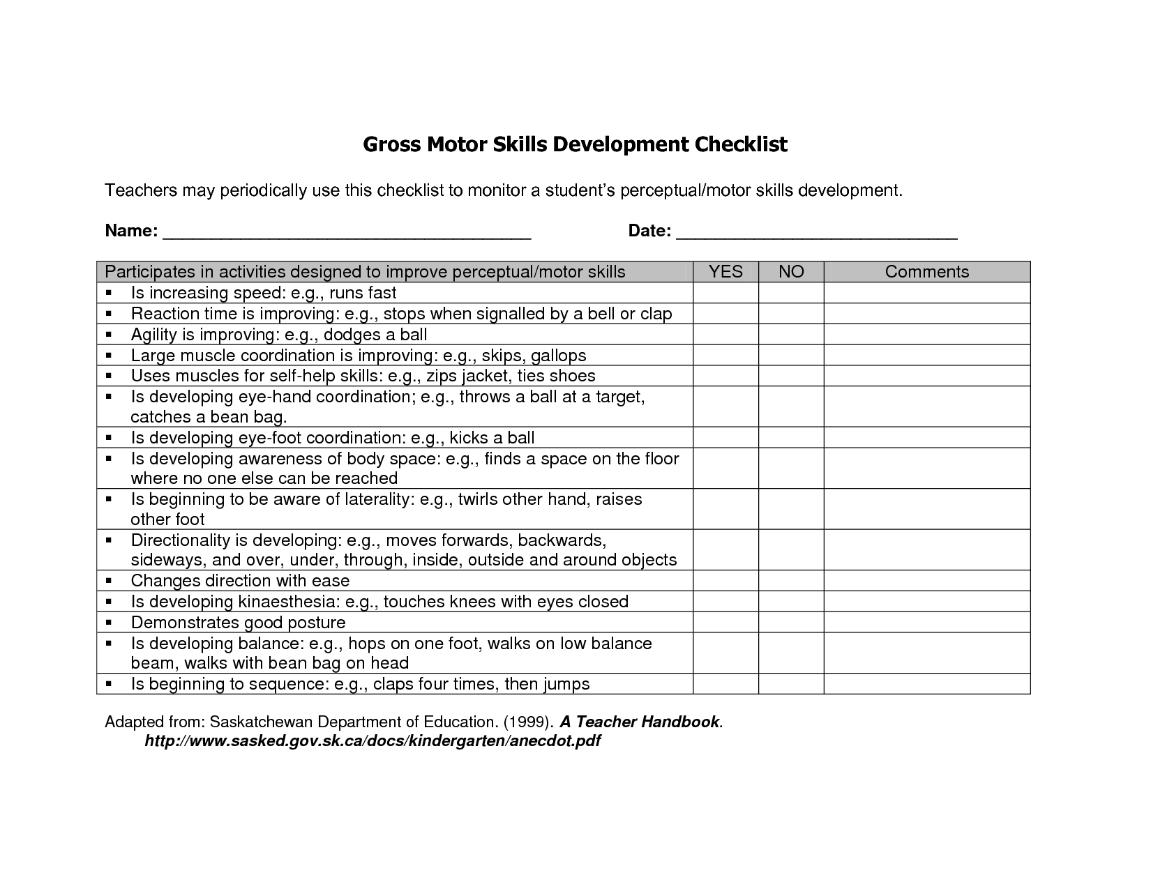 Gross Motor Skills Development Checklist Preschool Assessment ...