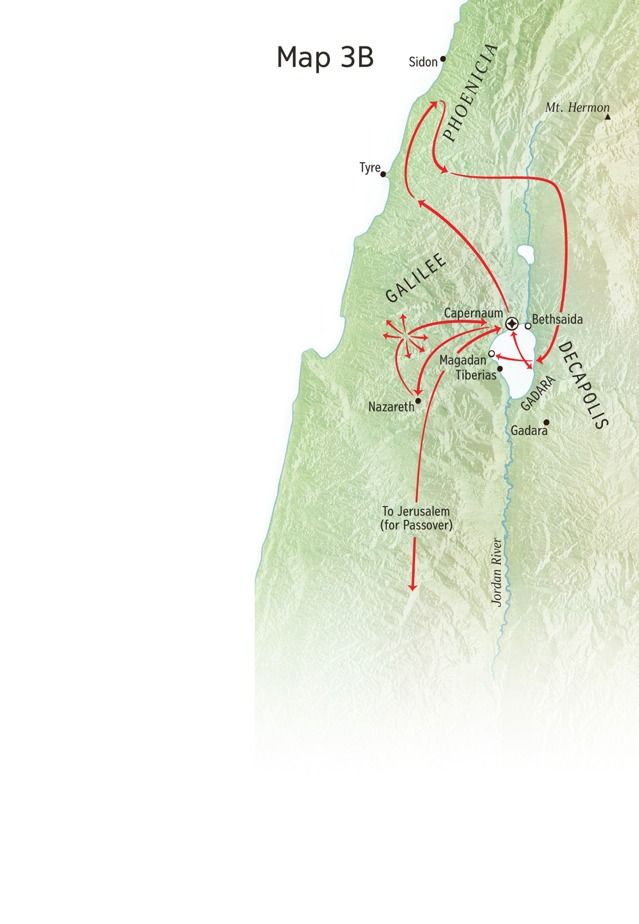 Map of locations related to Jesus’ ministry around Galilee, Phoenicia ...