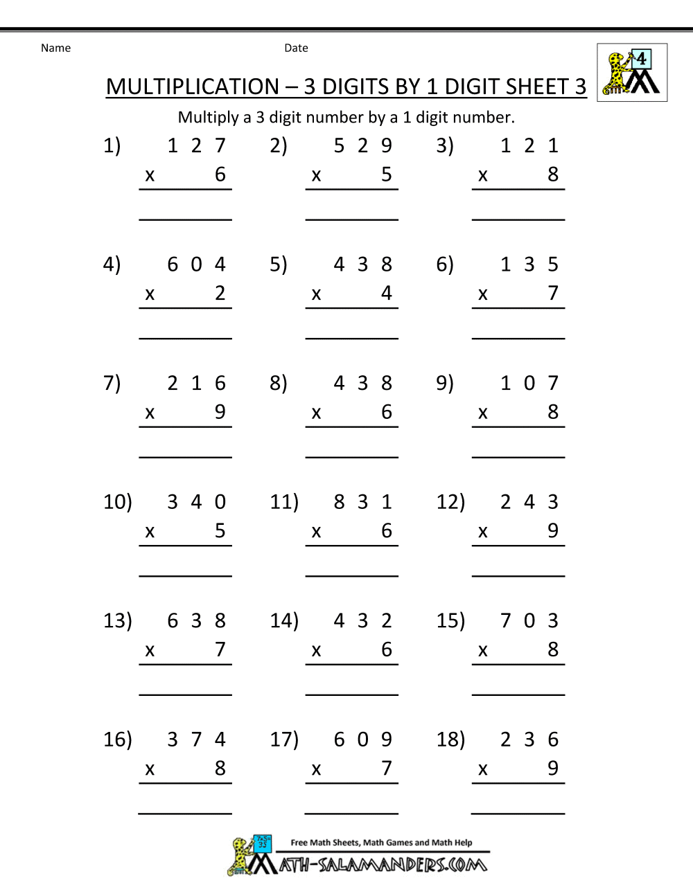 free math sheets multiplication 3 digits by 1 digit 3 Year 4 Maths ...