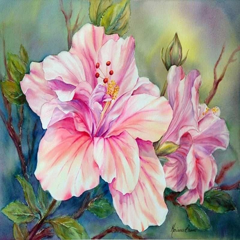 5D DIY Diamond Painting. Pink and White Hibiscus Flowers. Square drill ...